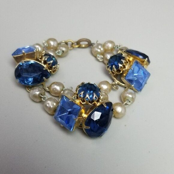 Vintage Blue Rhinestone Clusters and Faux Pearl Beaded Bracelet, Made in Germany - Picture 1 of 9